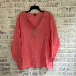 TALBOTS Women’s Linen 3X Top Blouse Coral Pink Embellished 3/4 Sleeve Coastal